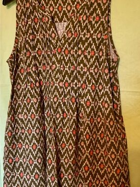 Sonoma Olive Green Sleeveless Printed Dress with Coral Accents